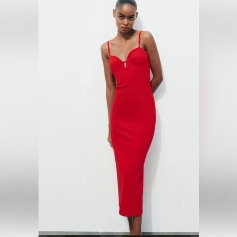 ZARA RED MIDI SHEATH Crepe Party Cocktail DRESS Size XS